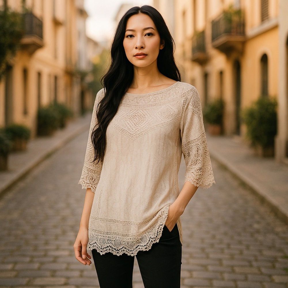 NWT Fever Ivory Color 3/4 Sleeve Crochet Cotton Relaxed Fit Top Size L